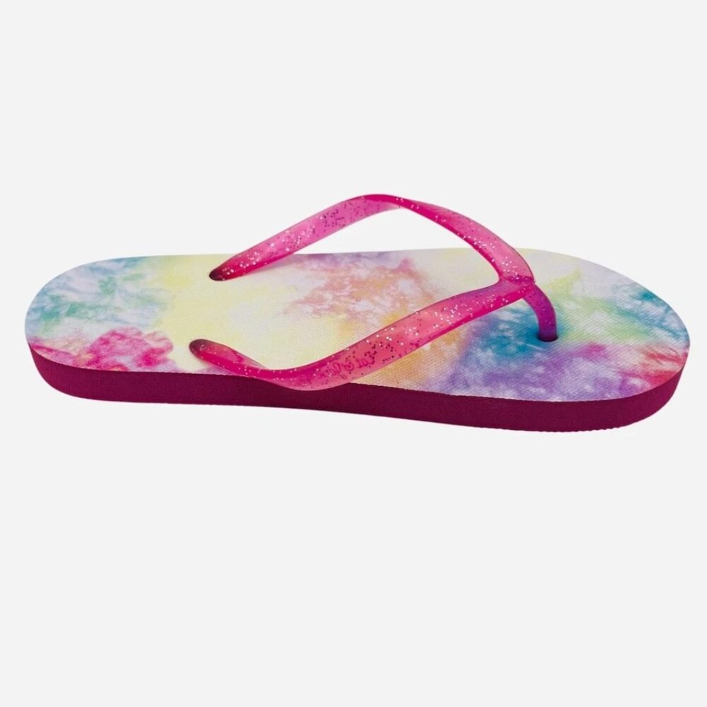 Girls Tie Dye Flip Flops Pink Glitter Strap Summer Sandals Lightweight Beach New - Picture 2 of 4